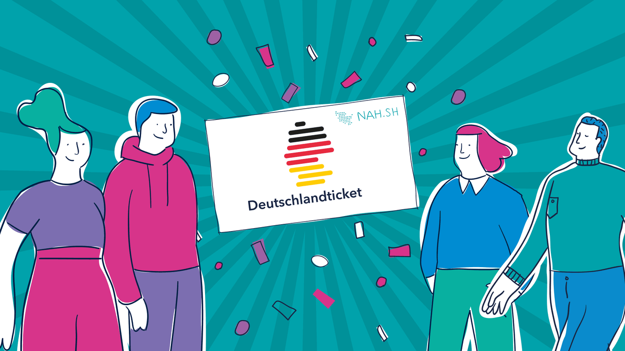 Illustration von 4 Menschen und dem Deutschlandticket von NAH.SH